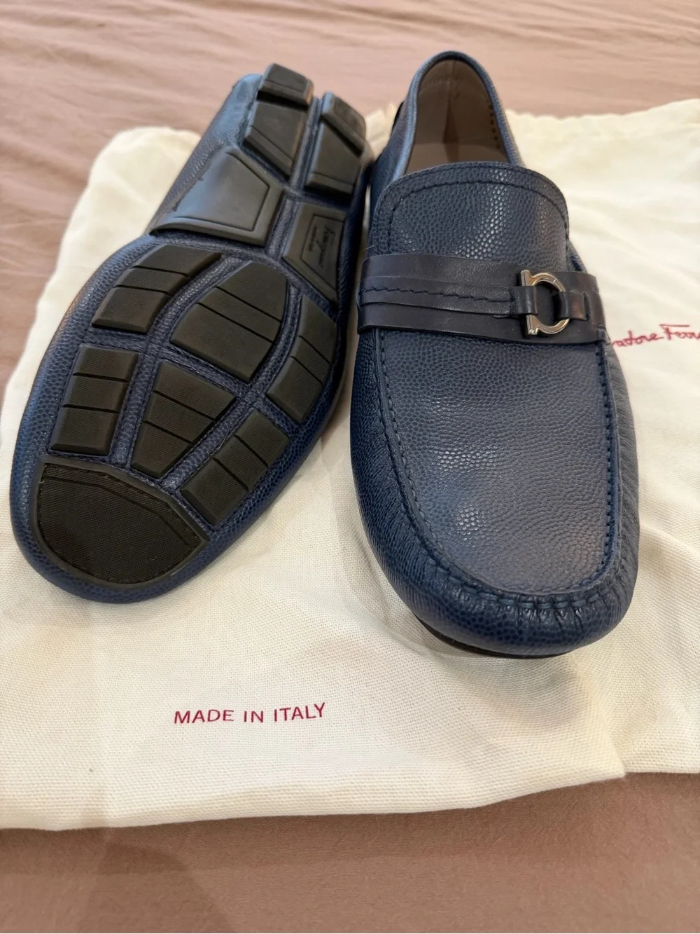 Salvatore Ferragamo Navy Pebbled Leather Gancini Bit Loafers
